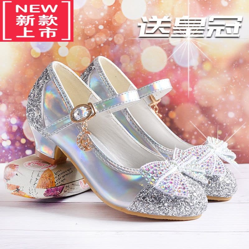 可莉允女童高跟鞋公主舞台演出皮鞋银色儿童礼服鞋小女孩模特走秀水晶鞋运动休闲鞋图片