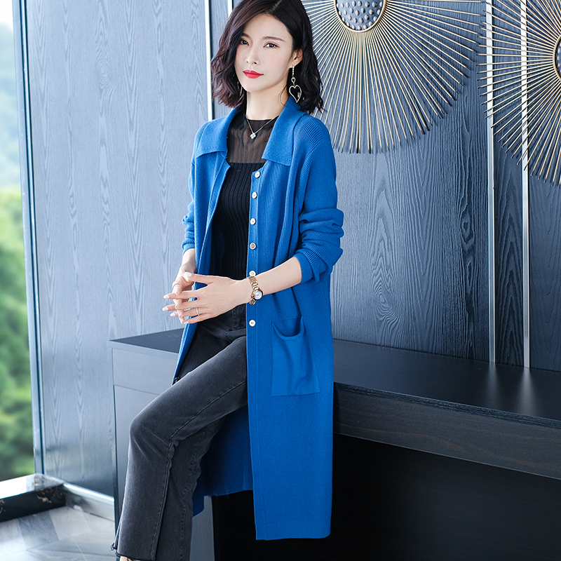 suntek针织开衫女中长款春秋外套西装领衫长款外搭软奶蓝色毛衣女毛衣