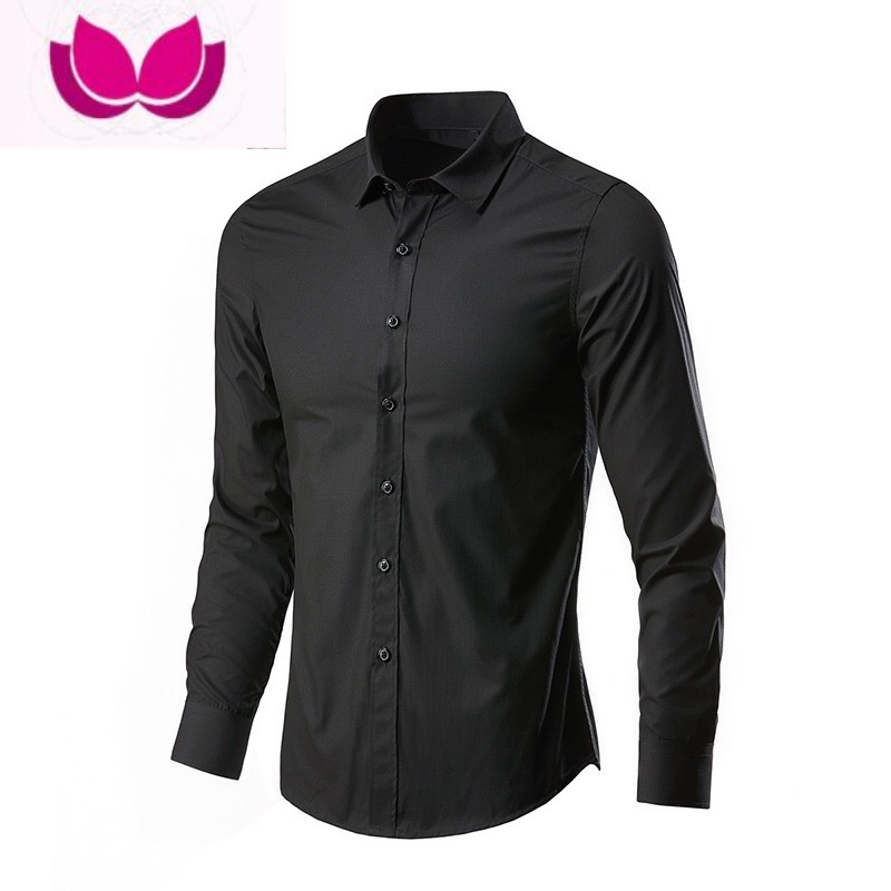 七斓纯色男士修身休闲黑色衬衣衬衫男兄弟团长袖青年衬衫男装薄款