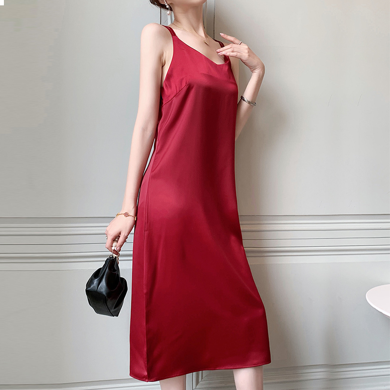 夏季性感仿真丝醋酸缎面吊带连衣裙垂感打底裙名媛轻奢内搭长裙