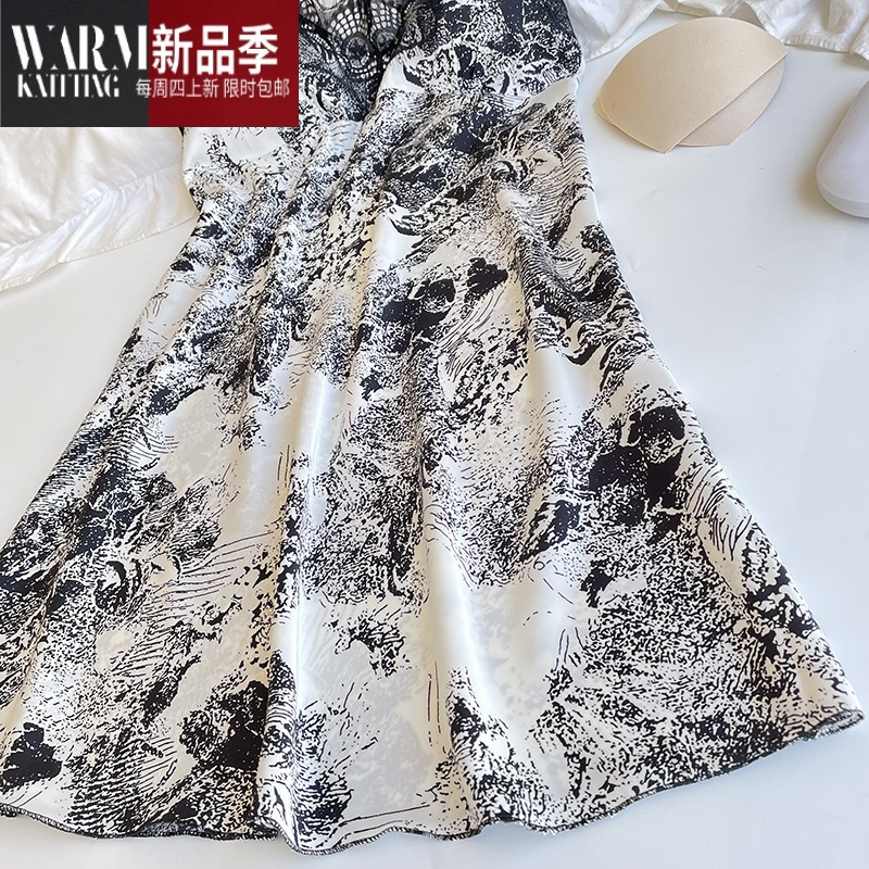 SHANCHAO睡衣女夏季薄款冰丝2022年纯欲风吊带睡裙带胸垫水墨画印花连衣裙
