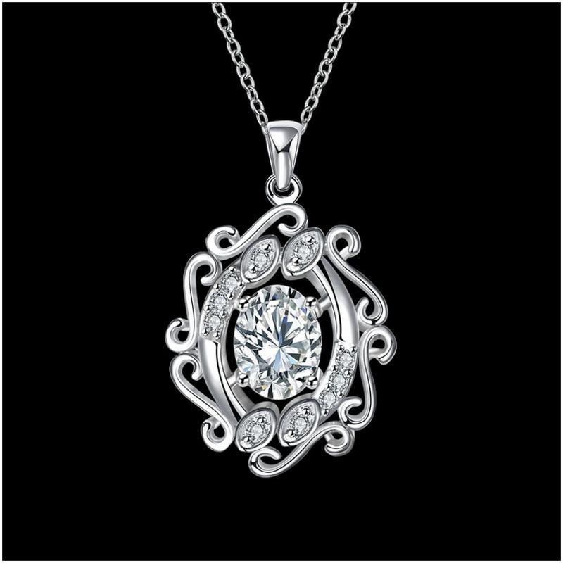 N048Women Silver Necklace镀925纯银镂空宝石坠项链女送友首饰送女朋友七夕情人节礼物