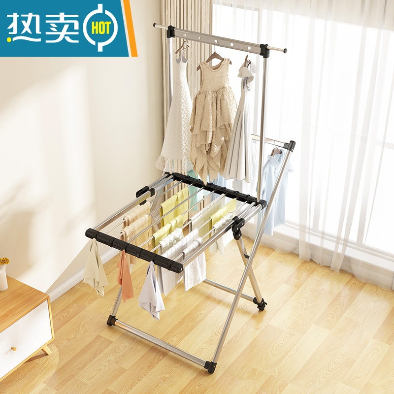 敬平铝合金晾衣架落地折叠阳台卧室内晾衣杆凉衣服架家用婴儿晾衣器 三层加高款[伸缩龙门晾杆+可折叠]可发货 大高清大图