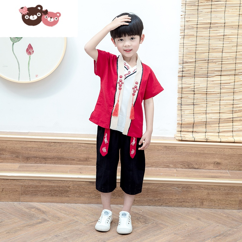 绿彩虹光汉服儿童男童中国风唐装小男孩夏季复古民族服装宝宝中式改良