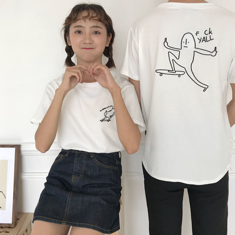 夏装女装2018新款韩版个性卡通刺绣情侣闺蜜款宽松短袖T恤上衣潮
