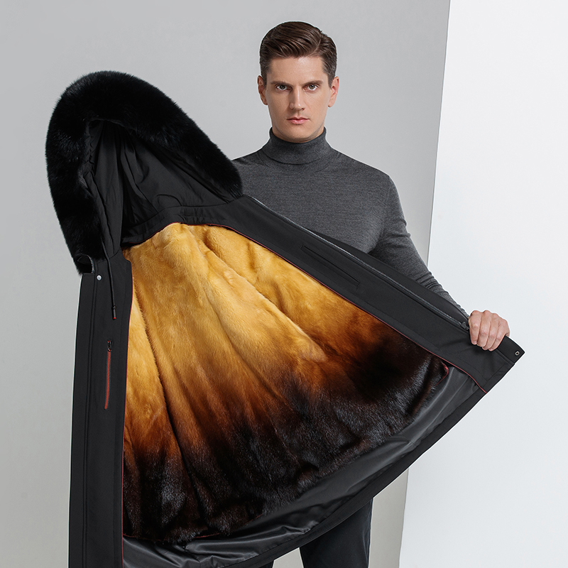 [内胆可脱 新年送礼]冬装海宁皮草派克服男水貂内胆狐狸毛领皮草外套男中长款派克服男整貂内胆皮草大衣黄金貂绒男士外套尼克服高清大图