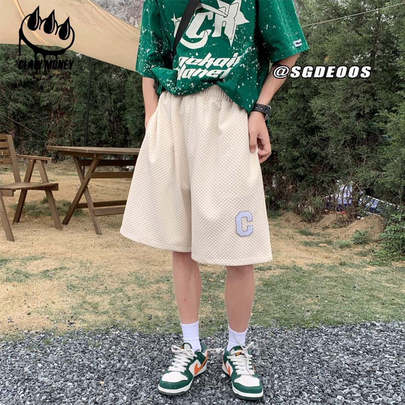 CLAW MONEY华夫格字母刺绣短裤男宽松百搭夏季薄款港风运动五分裤