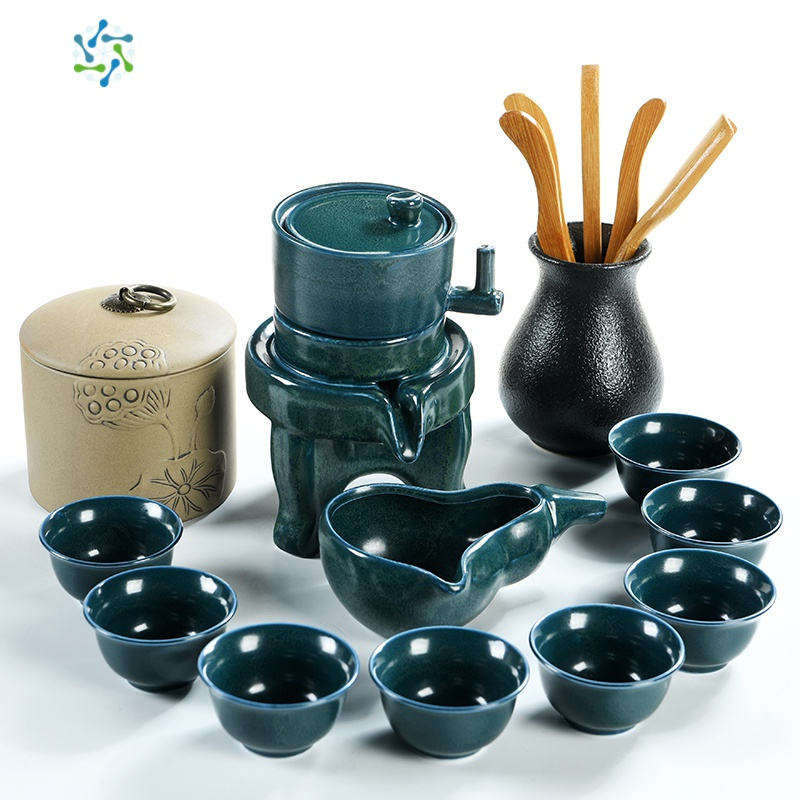 半全自动懒人泡茶器现代家用茶具套装石磨陶瓷茶壶功夫茶杯 三维工匠 9碧海蓝色石磨自动茶具+茶道+茶叶罐
