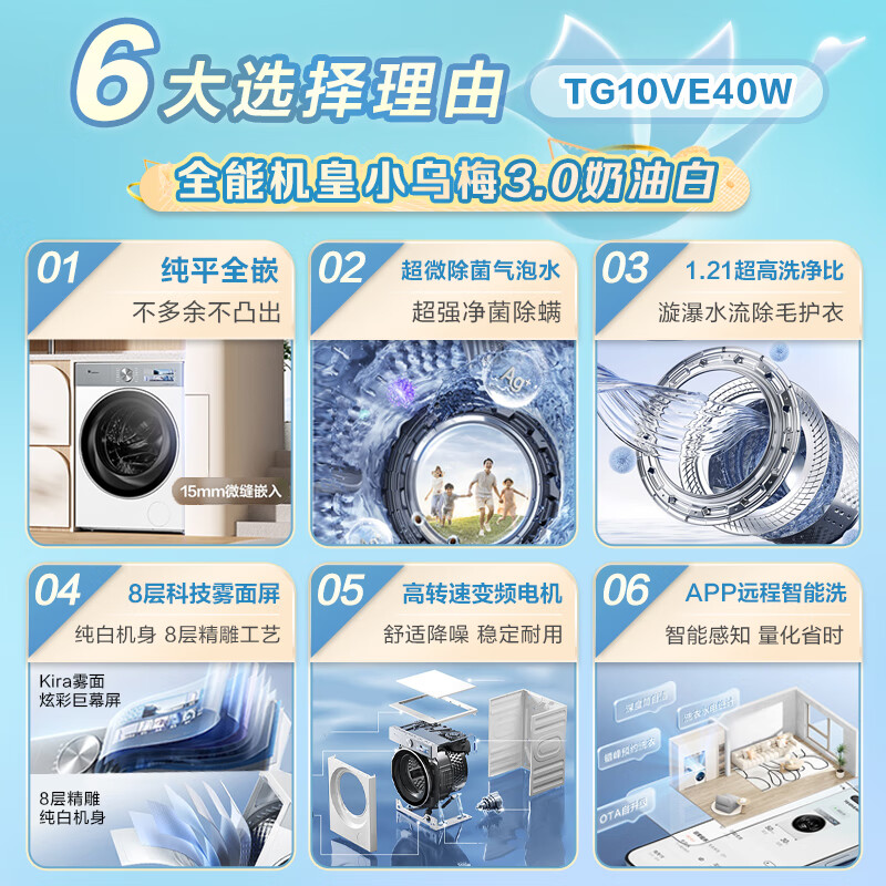 小天鹅小乌梅3.0奶油白 滚筒洗衣机全自动家用 10KG纯平全嵌 TG10VE40W高清大图