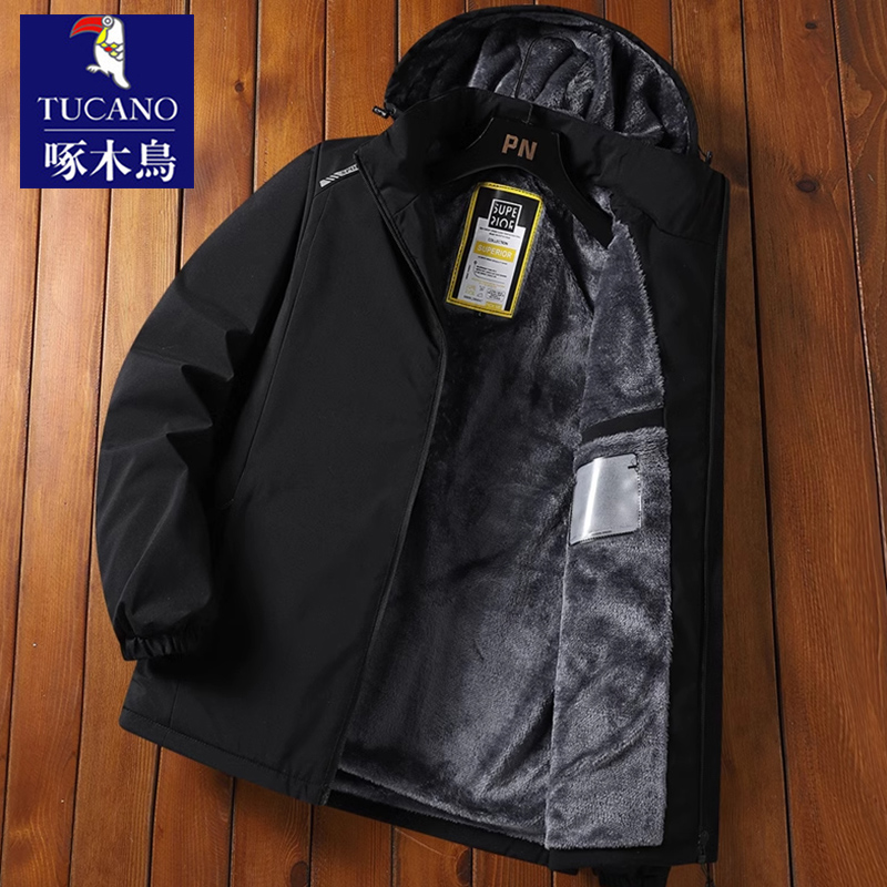 啄木鸟冲锋衣夹克外套男士加绒加厚冬季连帽工装棉服保暖防风棉衣高清大图