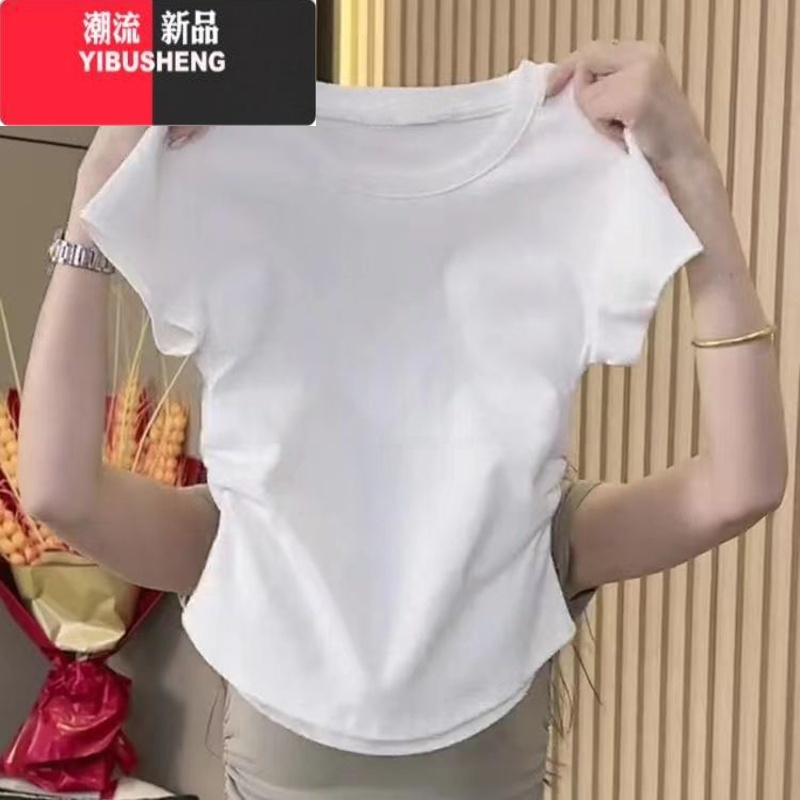 YIBUSHENG白色正肩纯欲风短袖t恤女季新款褶皱收腰设计弧形下摆短款上衣高清大图