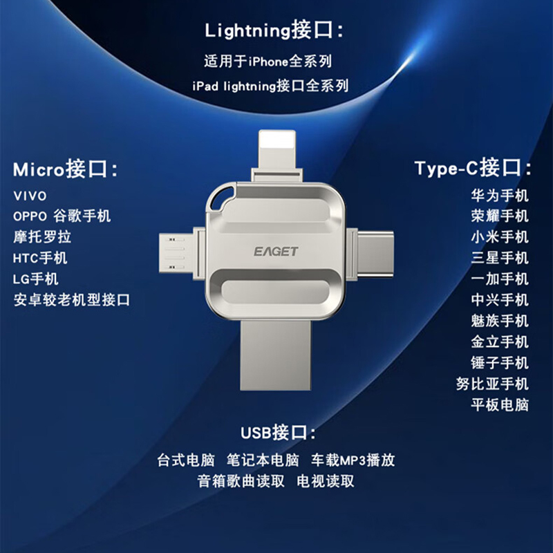 忆捷I71-256G USB3.0 Lightning Type-C MicroUSB口手机电脑通用四接口存储U盘高清大图