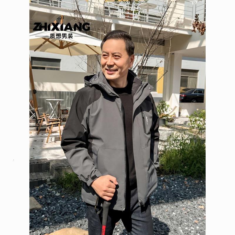 爸爸外套春秋季新款夹克可拆卸中老年人冲锋衣男三合一爷爷上衣服高清大图