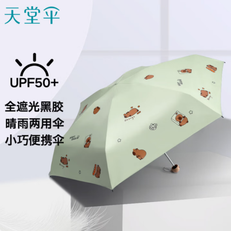 天堂防紫外线遮阳伞6K太阳伞便携式五折系列黑胶防晒伞果意绿伞下96CM