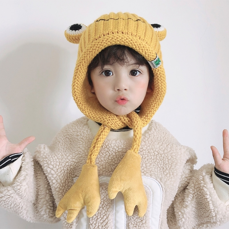 儿童帽子秋冬毛线护耳保暖帽魅扣青蛙可爱超萌男女童宝宝帽子冬季洋气