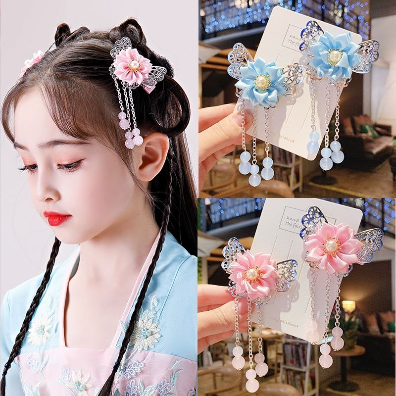 宝宝汉服头饰品儿童古风古装女童发饰小女孩中国风流苏发卡头花朵粉色