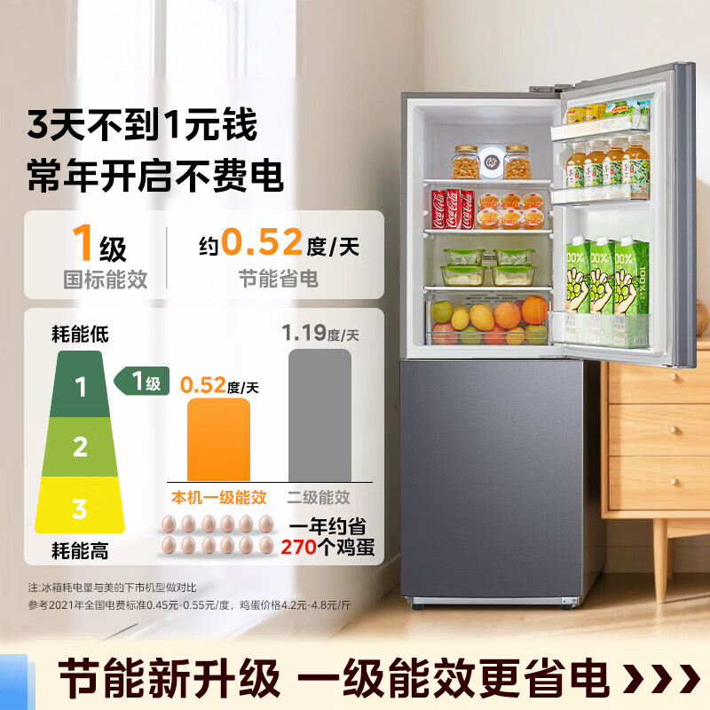 美的196两门二门双开门双系统节能低音风冷无霜186升迷你超薄小型家用租房电冰箱MR-196W钛钢灰-星烁高清大图