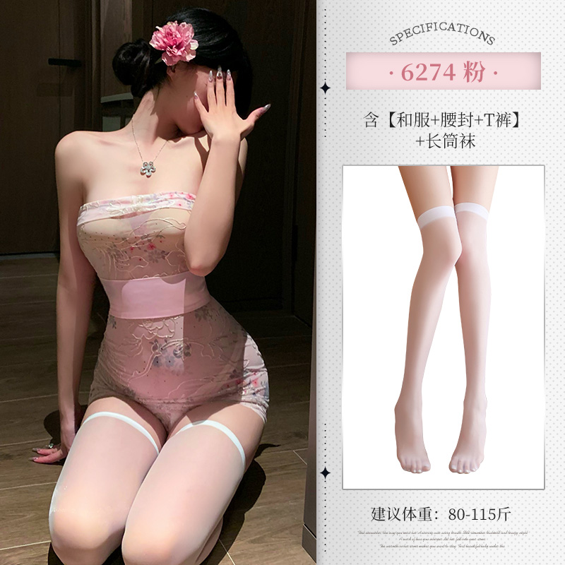 霏慕性感情趣内衣抹胸包臀短裙刺绣印花网纱大蝴蝶结日系和服装睡裙午夜魅力床上衣服女式情趣睡衣6274 6274粉【和服+腰封+T裤】+7241白丝袜 均码