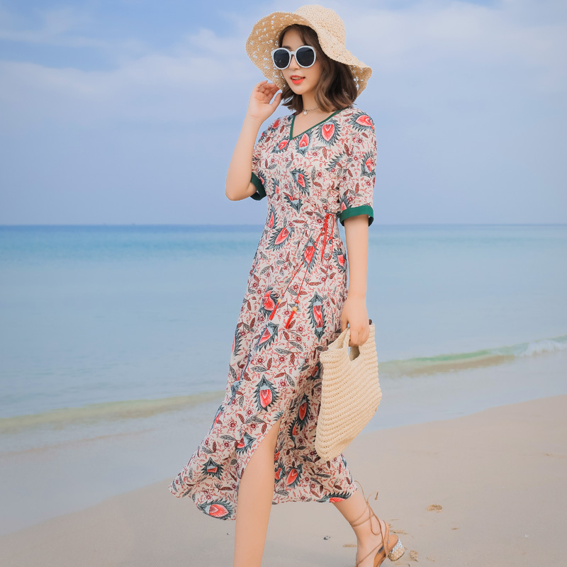 泰国风情长裙女夏海边度假碎花雪纺连衣裙女士新品波西米亚沙