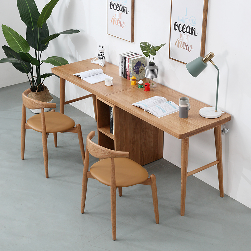 唐臻北欧全实木电脑书桌书架组合一体桌家用简约卧室一字板双人连体桌