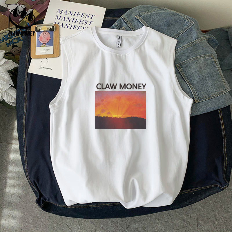 Claw money纯棉宽松运动背心男夏季潮牌休闲无袖T恤健身篮球坎肩