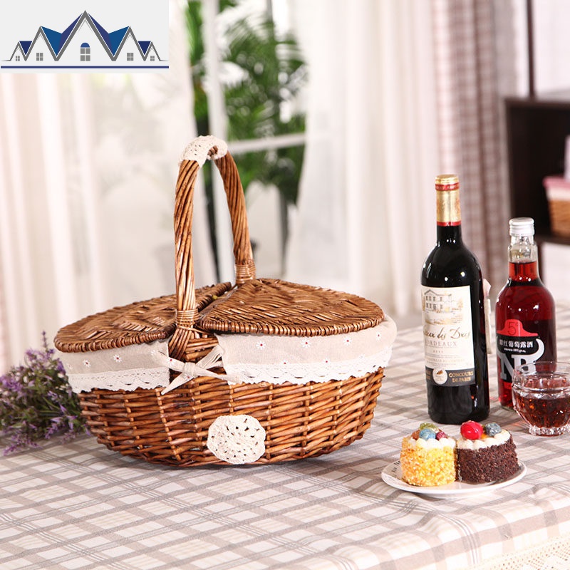 柳编篮户外篮收纳篮零食野餐篮水果篮礼品篮采摘篮春游篮 三维工匠 咖啡雏菊有盖中号