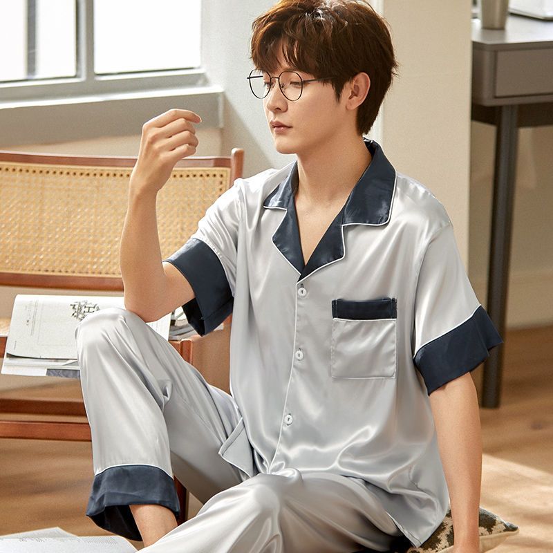 南极人夏天冰丝短袖睡衣男青年开衫薄款透气丝绸睡衣宽松短裤套装家居