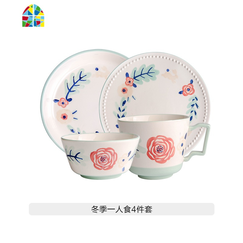 四季日式陶瓷餐具一人食早餐碗筷单人一套精致碗碟套装家用 FENGHOU 冬季一人食4件套
