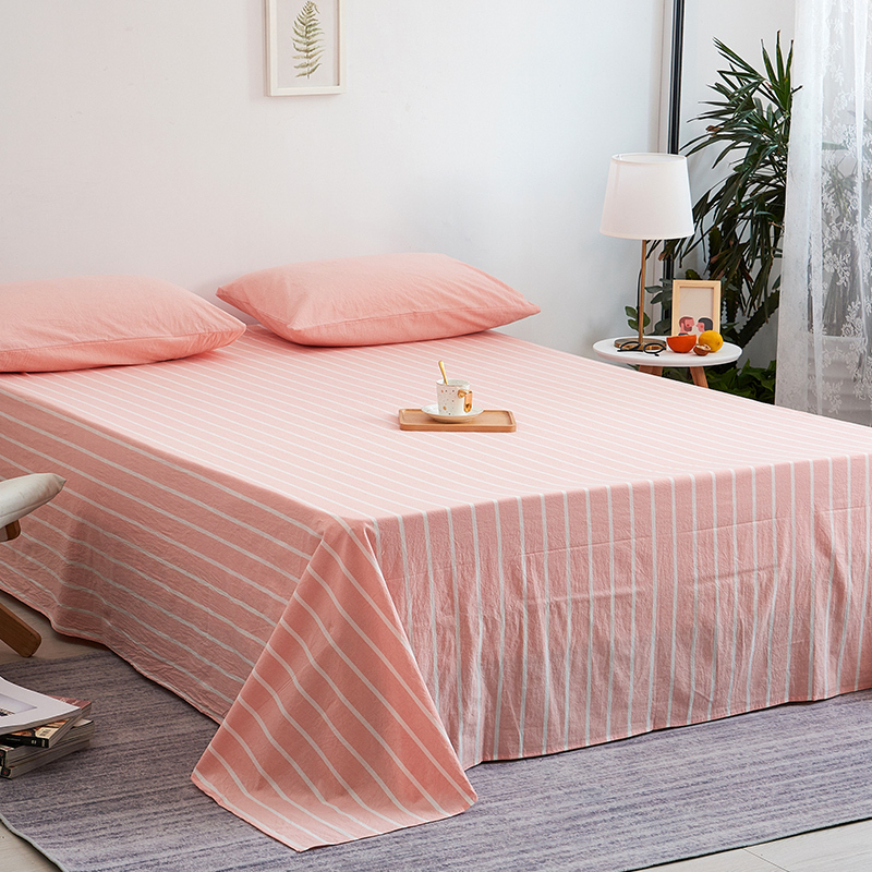 家柏饰(CORATED)日式素色全棉水洗棉儿童床单单件1.8米床条纹学生宿舍单人被单1.5 单床单-浅粉白条 床单：宽200*长230cm