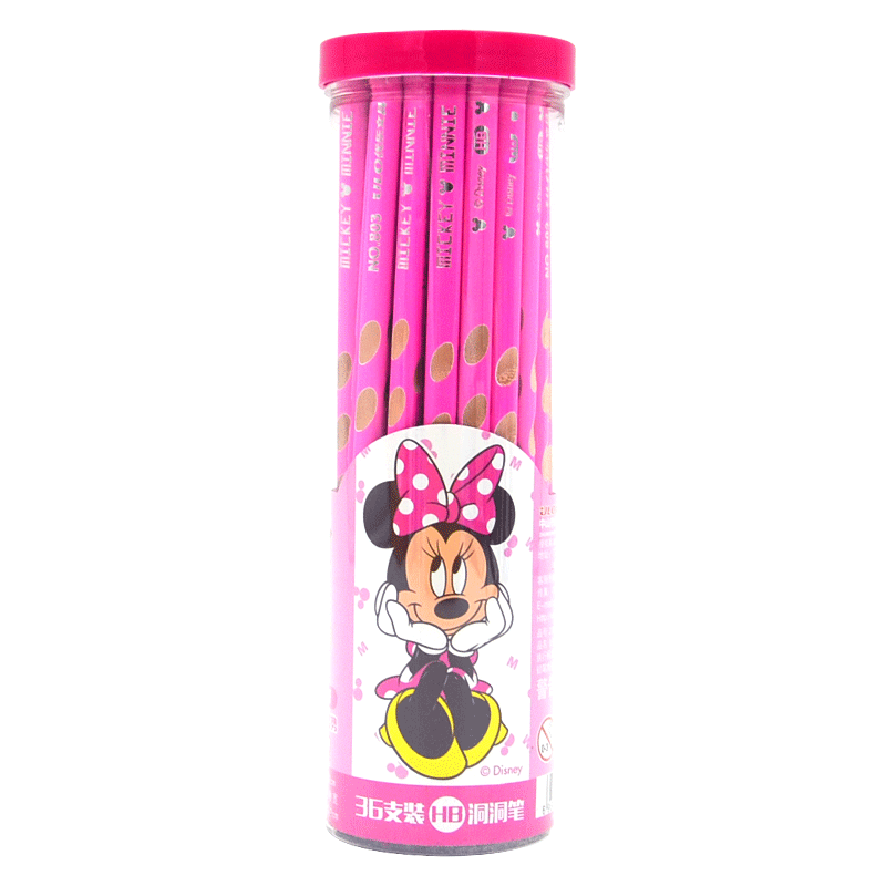 迪士尼儿童铅笔幼儿园hb木质粉色米妮36支粗三角杆洞洞铅笔矫正握姿小