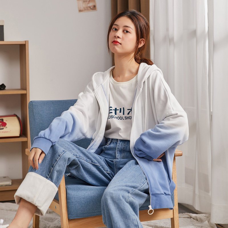 唐狮秋季新款宽松渐变学生原宿风春秋卫衣女外套短款韩版百搭
