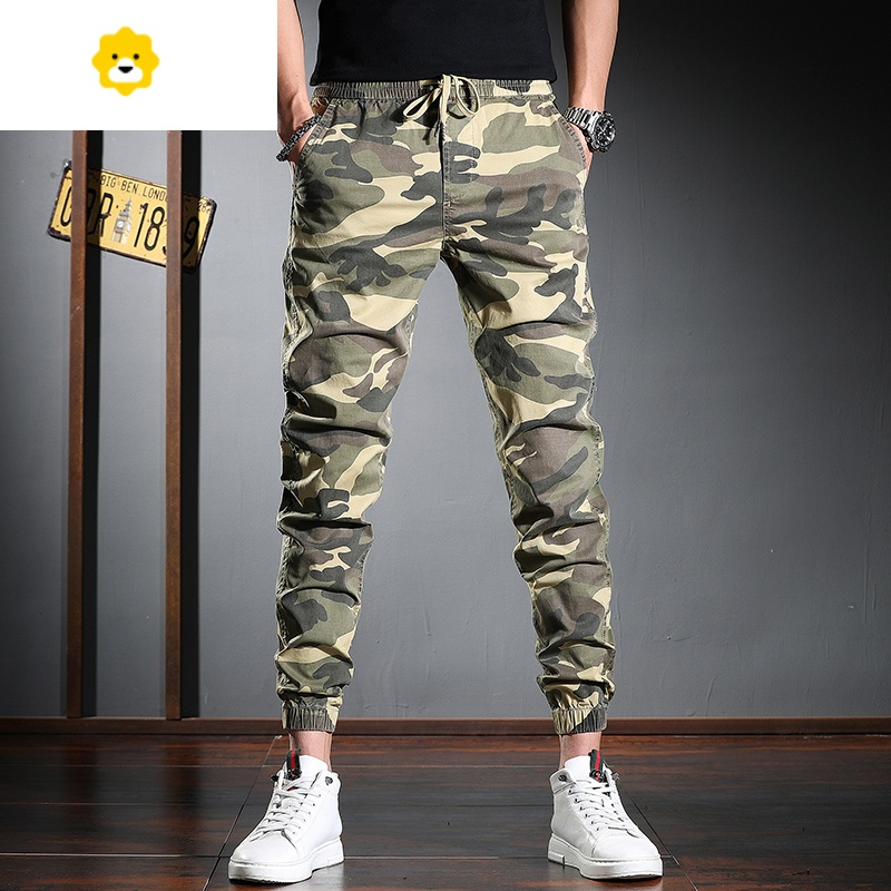 fishbasket迷彩休闲裤男春夏潮牌运动束脚裤子百搭修身工装长裤卡其色