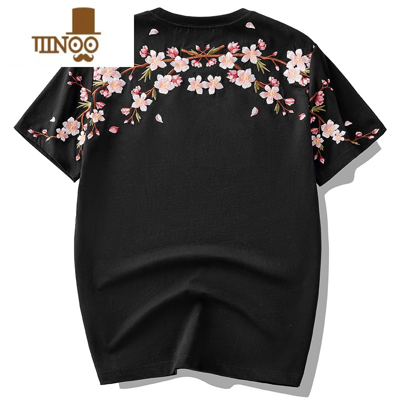 yanxu夏季大码国潮体恤男装情侣潮流半袖衣服潮牌梅花刺绣短袖t恤t恤