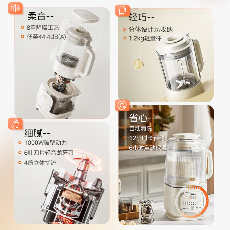 美的低音破壁机自动清洗双模式触摸柔音细腻搅拌破壁机 MJ-PB10SF78高清大图