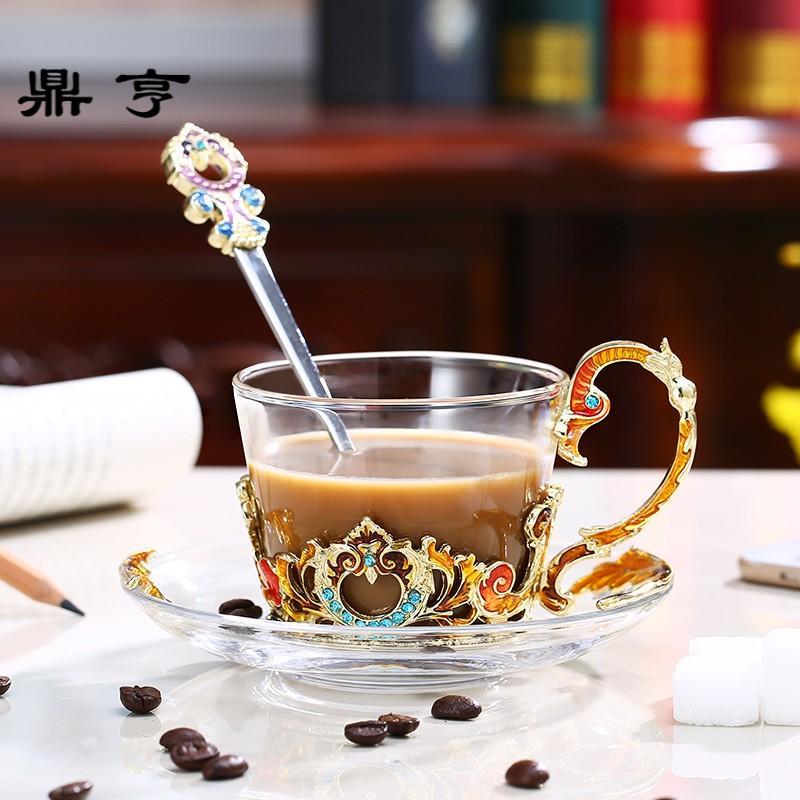 鼎亨珐琅彩咖啡杯欧式茶杯套装创意水杯子玻璃杯带碟带勺女神生日