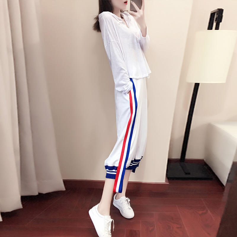 2018套装女新款韩版休闲服时尚宽松侧边条纹春秋卫衣阔腿裤两件套