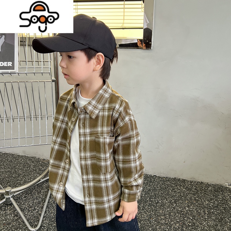 童装男童格子衬衫长袖秋款中小童宝宝洋气春秋潮酷衬衣外套 七色王国