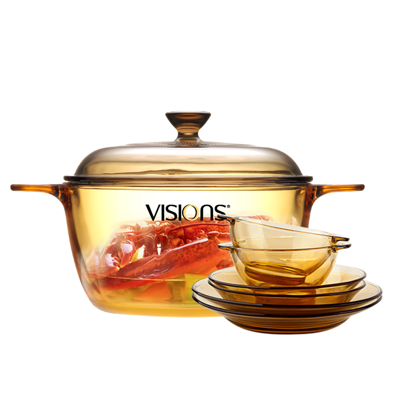 美国康宁(VISIONS)锅具套装VS15+OV6 晶彩透明锅1.5L+餐盘6件套 明火直烧耐高温 耐热琥珀色透明碗