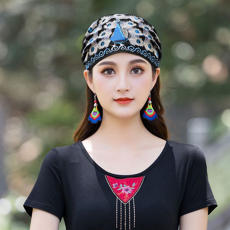 新款民族风绣花帽子百搭棉麻薄款头巾帽子女系带松紧带头饰女帽子孔雀