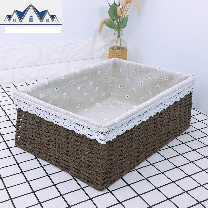 编织收纳筐家用桌面钥匙篮玩具零食收纳盒杂物储物篮子藤编编框 三维工匠收纳篮 咖色大号（35*25*12）（带内衬布）