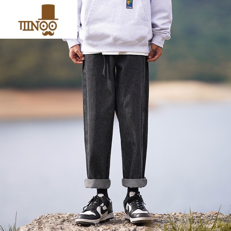 YANXU蓝色牛仔裤男款夏季2023新款美式复古裤子高街潮牌卷边直筒九分裤高清大图