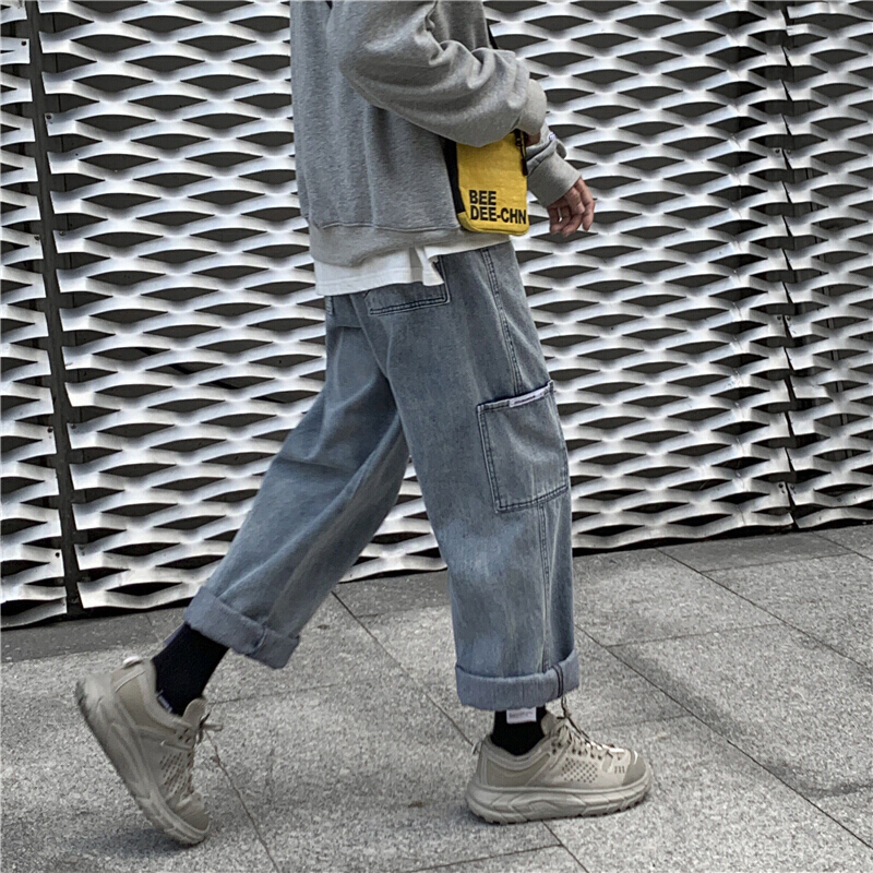 梵克公牛常规阔腿牛仔裤男韩版潮流复古百搭秋季工装长裤潮牌老爹网红裤子 蓝色