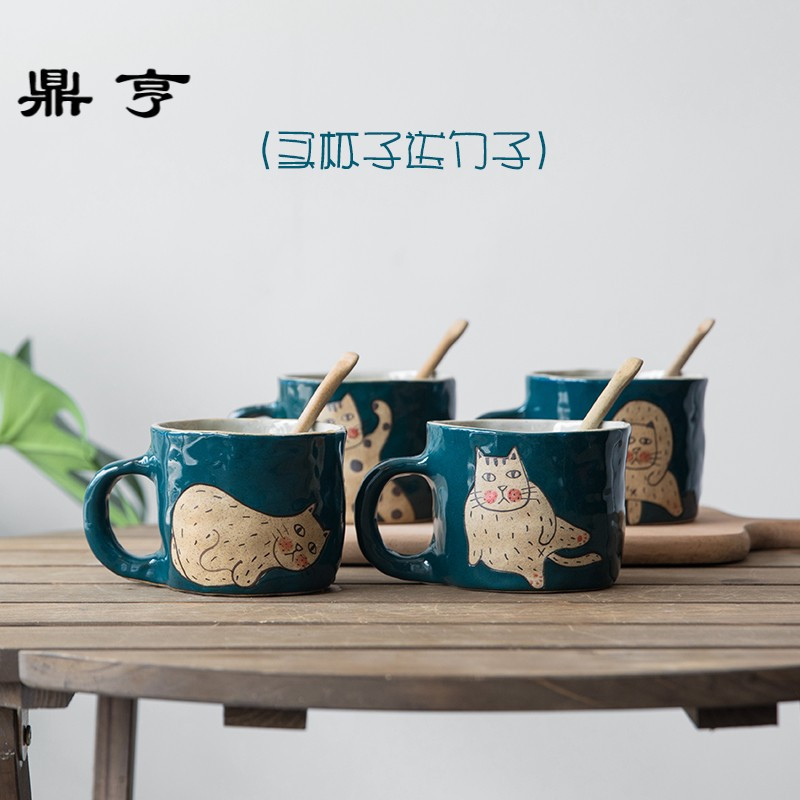 鼎亨日式手工捏制陶瓷马克杯水杯情侣款卡通可爱猫咪杯送勺麦片杯