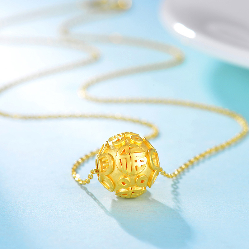 gzuan古钻珠宝福字转运珠黄金足金3d硬金福字转运珠吊坠jdsh0027