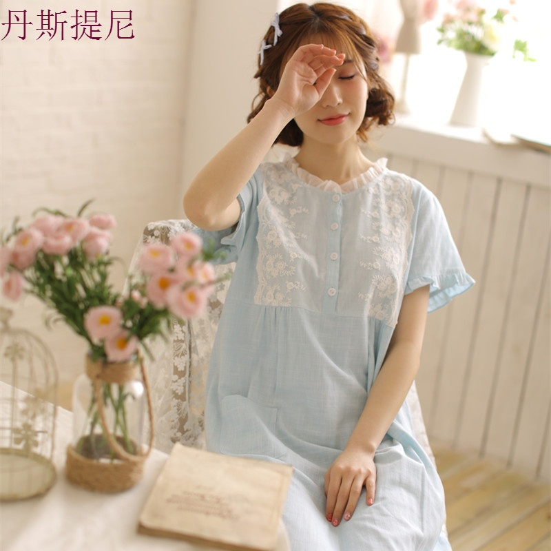 夏季新款日系蕾丝公主睡裙女纯棉纱布大码睡衣裙子短袖家居服