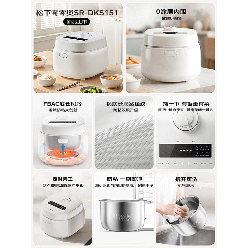 松下(Panasonic)零零煲青春版电饭煲0涂层SR-DKS151 4-5人家用无涂层电饭锅不锈钢内胆煮饭4升容量SR高清大图