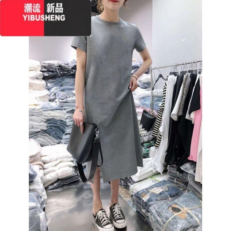 YIBUSHENG过膝长裙季短袖T恤女中长款2024新款连衣裙宽松设计感小众显瘦