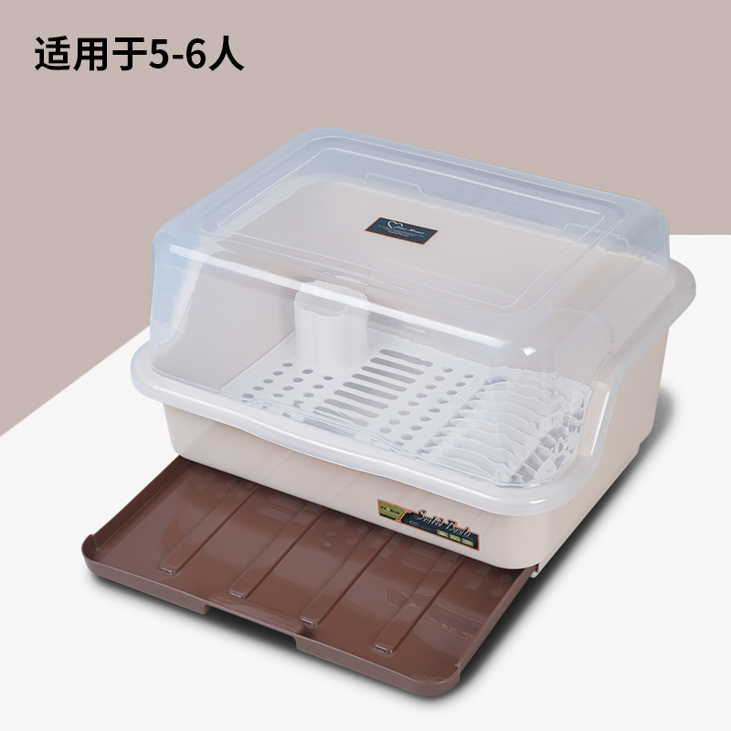 装碗筷收纳盒放碗箱沥水碗架厨房家用带盖碗盆碗碟置物架塑料碗柜 升级款抽屉式米色大号