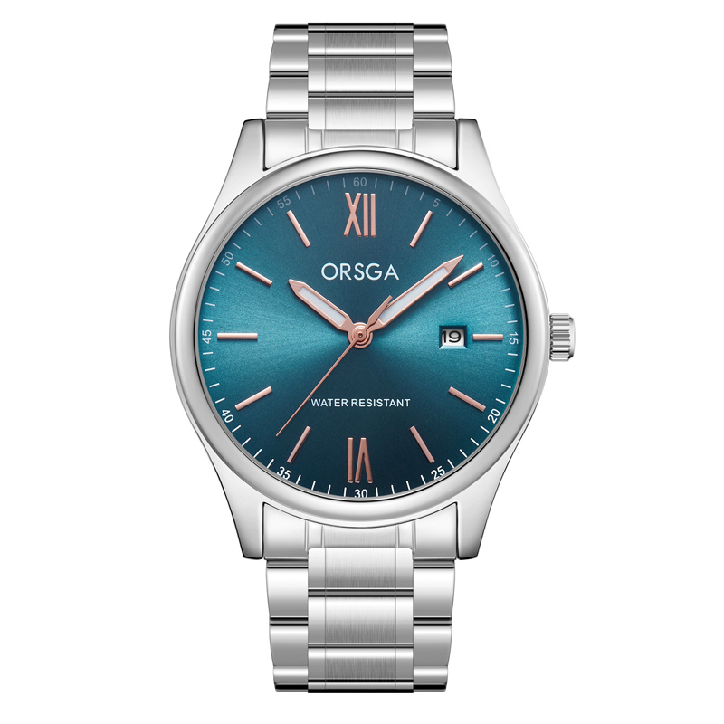 ORSGA手表男简约男士手表防水日历时尚休闲商务学生男表石英表腕表1131G 银色钢带蓝面