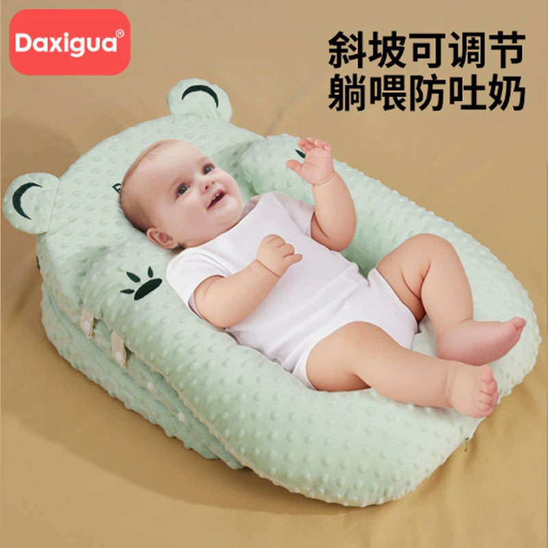 大西瓜防溢奶呛奶枕头新生儿枕绣花豆绒斜坡床10度套装+15度调节垫高清大图